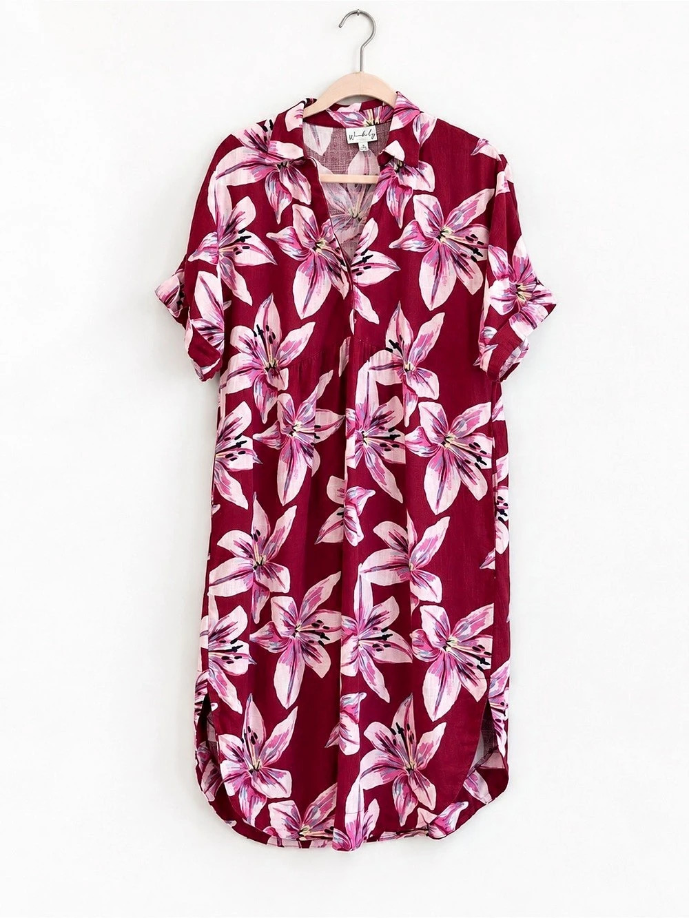 Wonderly M Burgundy Floral Rayon Linen Midi Shirt Dress Pockets